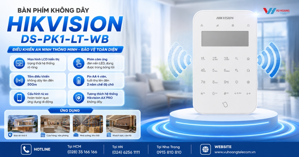 Bàn Phím Báo Động Hikvision DS-PK1-LT-WB LCD Không Dây