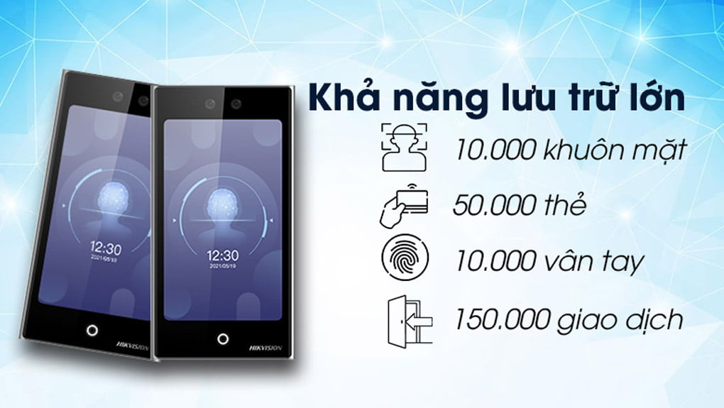 Với khả năng lưu trữ với bộ nhớ 10.000 khuôn mặt, 10.000 vân tay và 50.000 thẻ